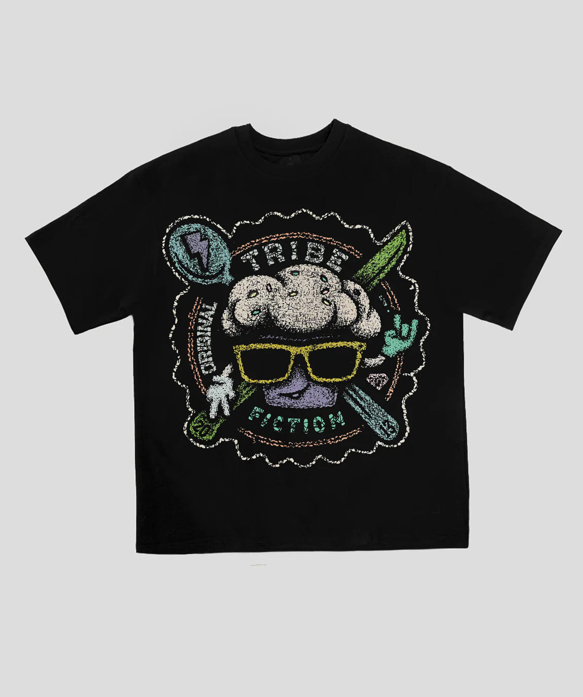 Tribe Fiction "Cupcakes" black t-shirt featuring a colorful cupcake graphic design on a light gray background