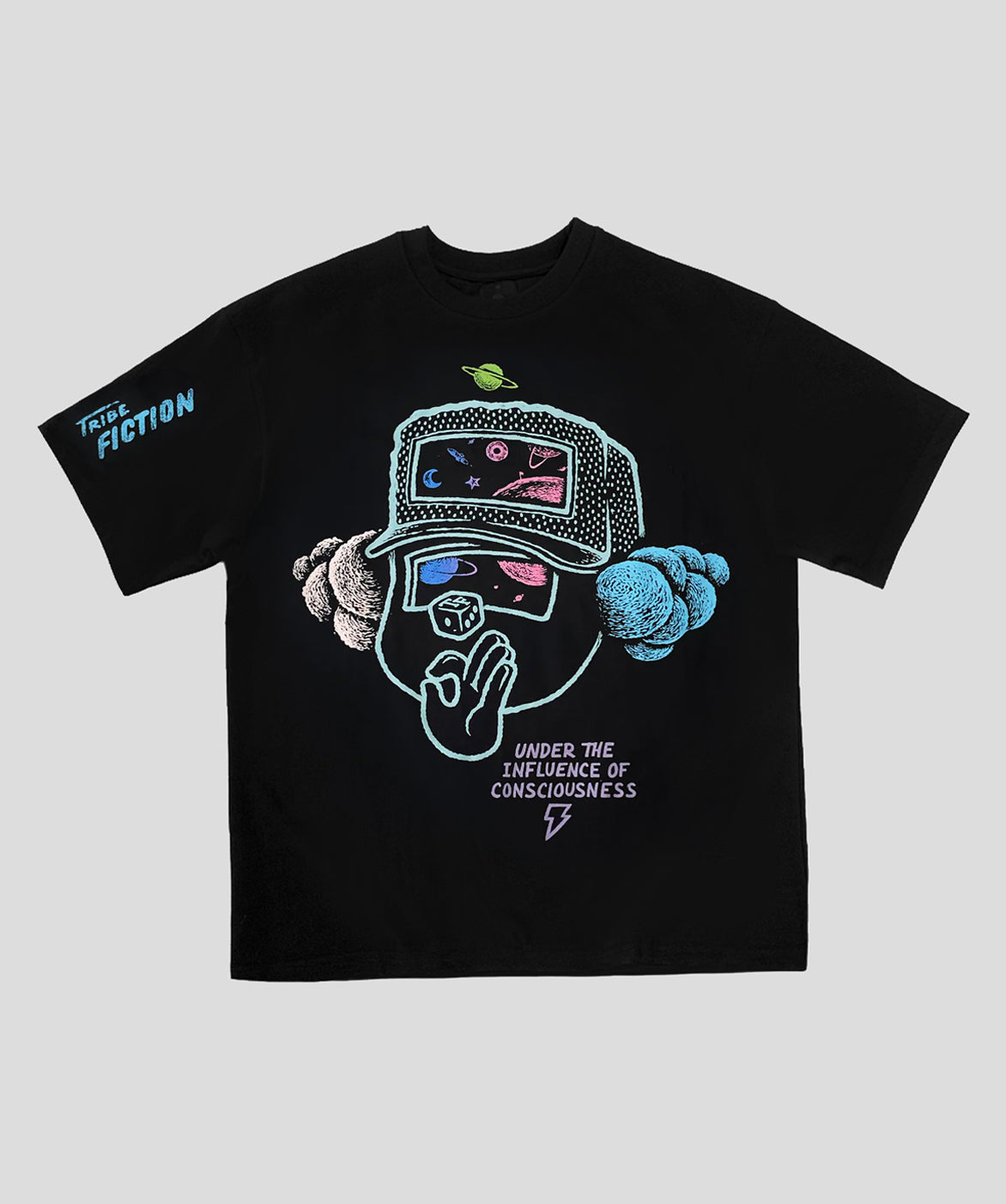 Tribe Fiction "Under the Influence" black t-shirt featuring a universal consciousness graphic design on a light gray background