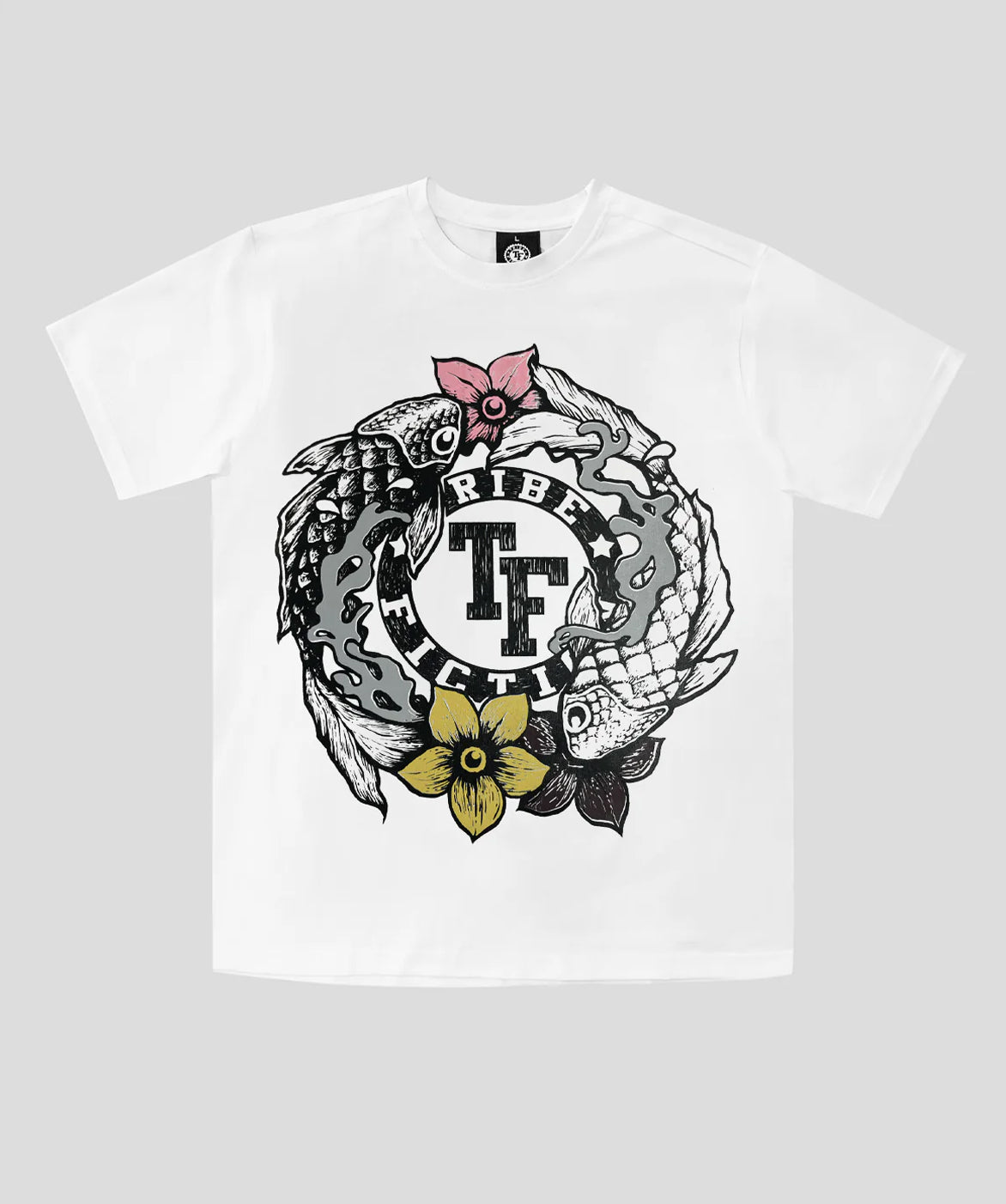 Tribe Fiction "Koi Fish" white t-shirt featuring a koi fish graphic design on a light gray background
