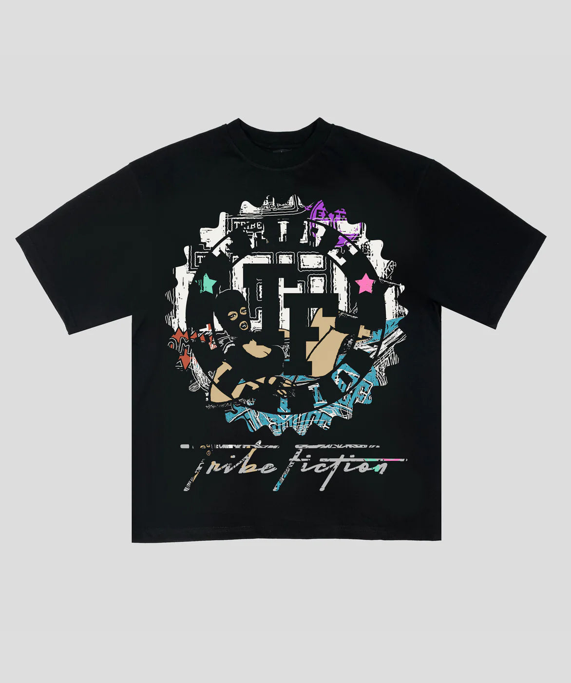 Tribe Fiction "Miss Tribe Fiction" black t-shirt featuring a masked woman graphic design on a light gray background