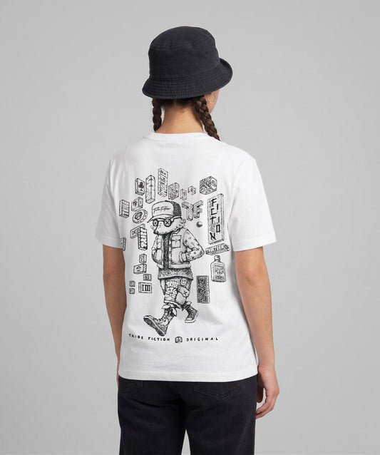 Person wearing a Tribe Fiction "Funky Fox" white t-shirt featuring a fox graphic design on the back