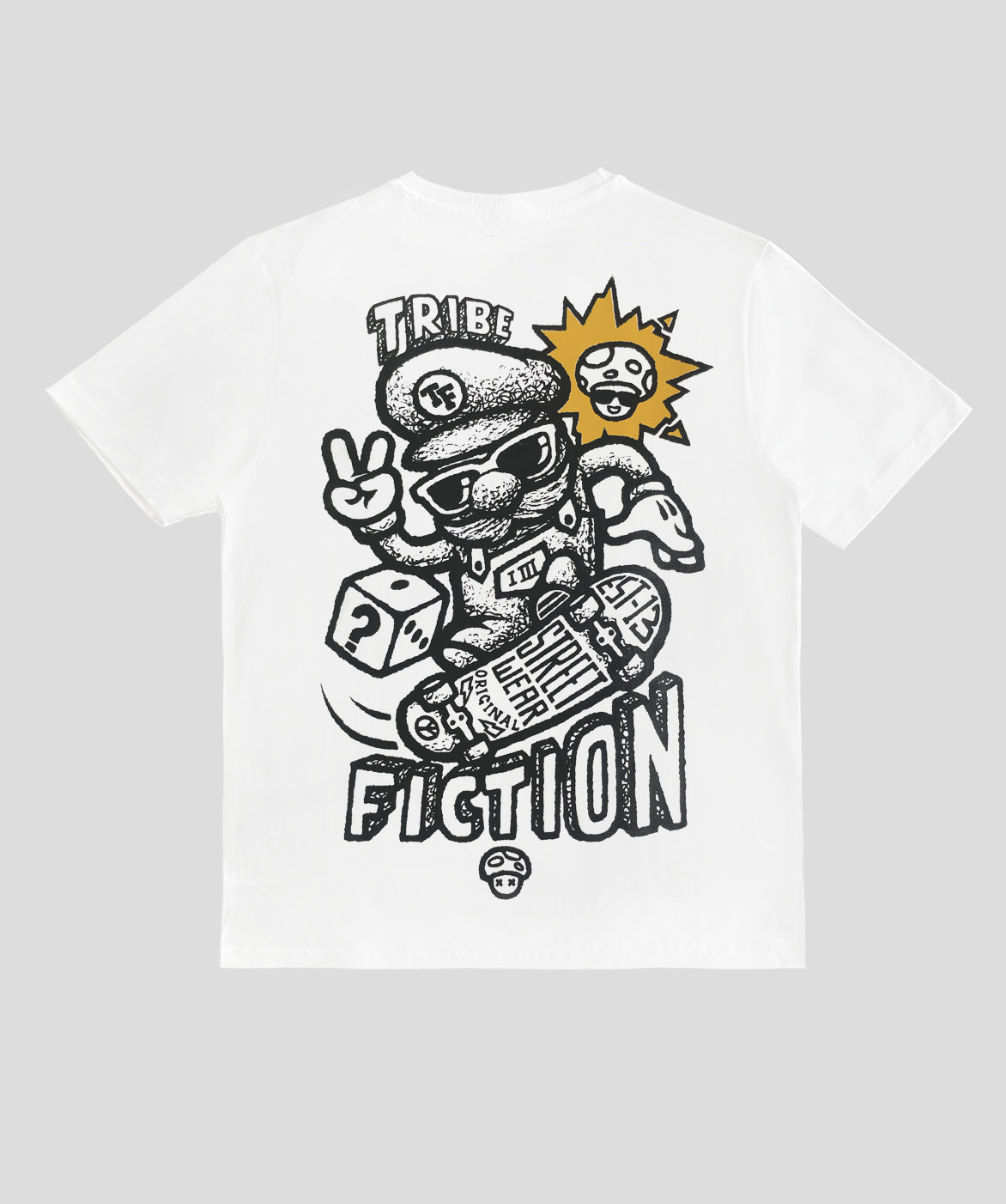 Tribe Fiction "Skater Boy" white t-shirt featuring a skating Mario graphic design on a light gray background