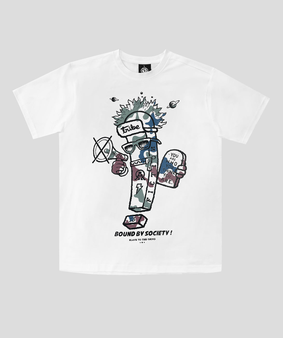 Tribe Fiction "Bound by Society" white t-shirt featuring a graphic design on a light gray background