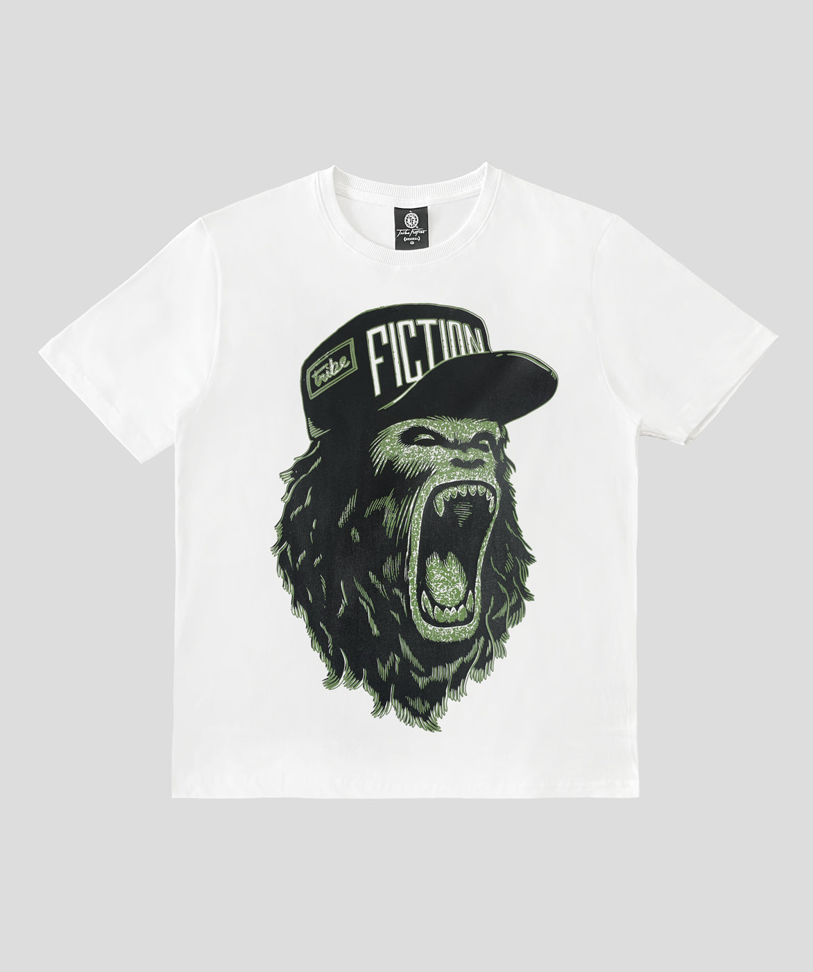Tribe Fiction "Alpha Male" white t-shirt featuring a roaring gorilla graphic design on a light gray background