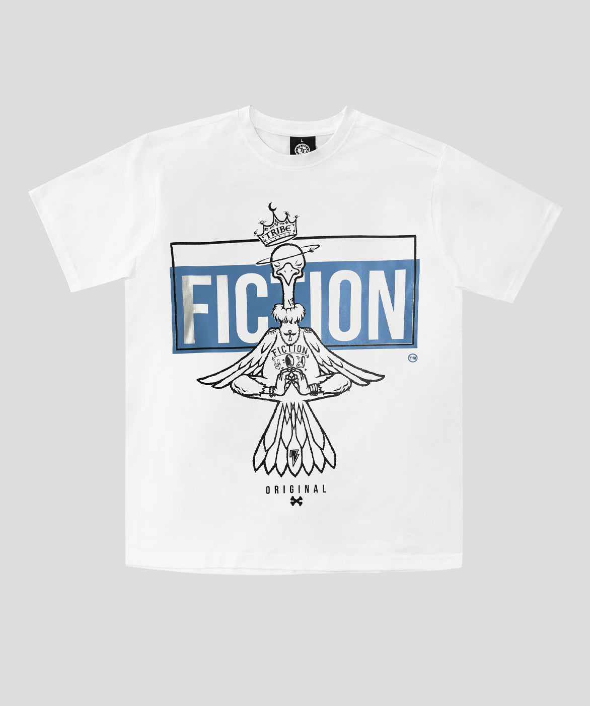 Tribe Fiction "At Peace" white t-shirt featuring a meditating bird graphic design on a light gray background