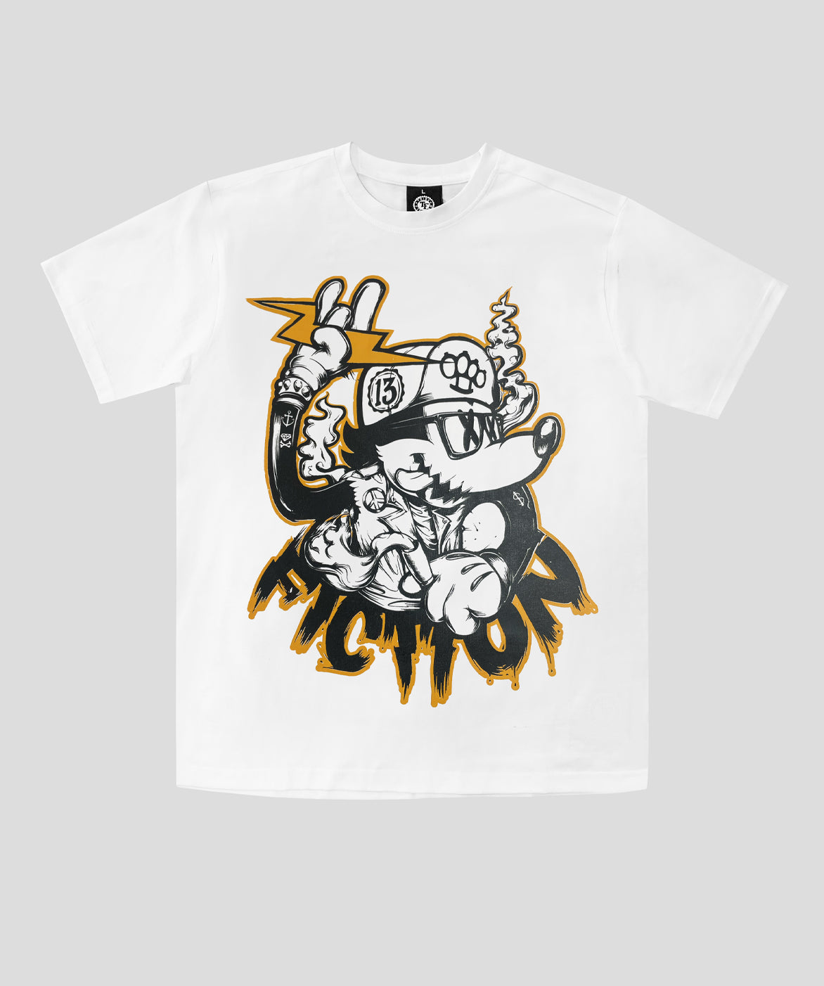 Tribe Fiction "Angry Mouse" white t-shirt featuring an evil mouse graphic design on a light gray background