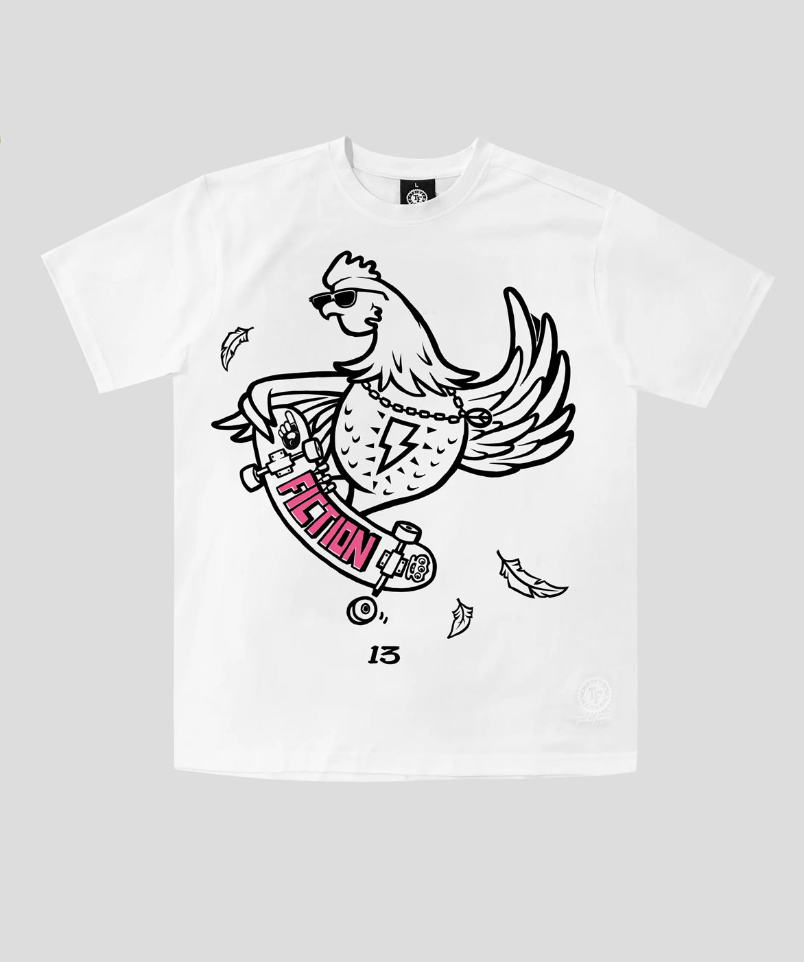 Tribe Fiction "Chicken Surfer" white t-shirt featuring a chicken on a skateboard graphic design on a light gray background
