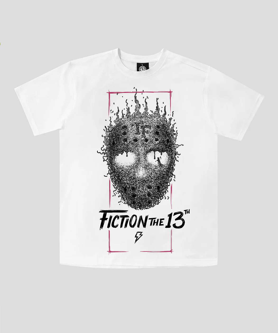 Tribe Fiction "Fiction the 13th" white t-shirt featuring a Jason Voorhees mask graphic design on a light gray background