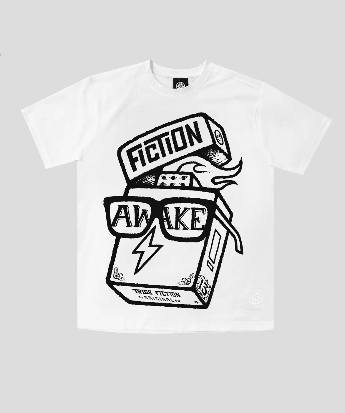 Tribe Fiction "Light Me Up" white t-shirt featuring a lighter graphic design on a light gray background
