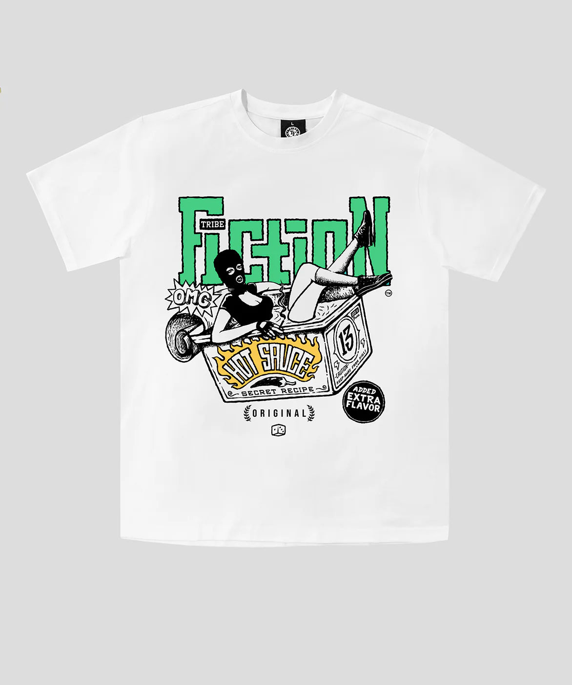 Tribe Fiction "Hot Sauce" white t-shirt featuring a masked woman graphic design on a light gray background