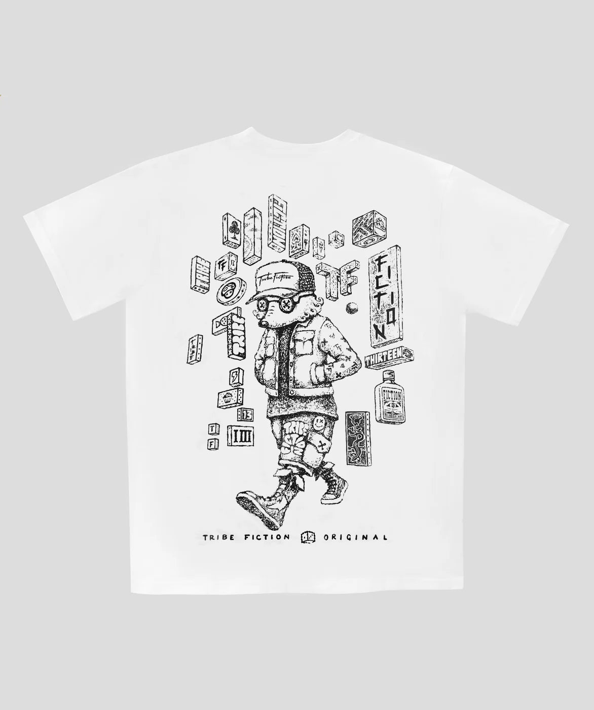 Tribe Fiction "Funky Fox" white t-shirt featuring a fox graphic design on a light gray background