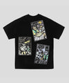Back of the Moo and Mamboo 2 black t-shirt showing three colour comic panels