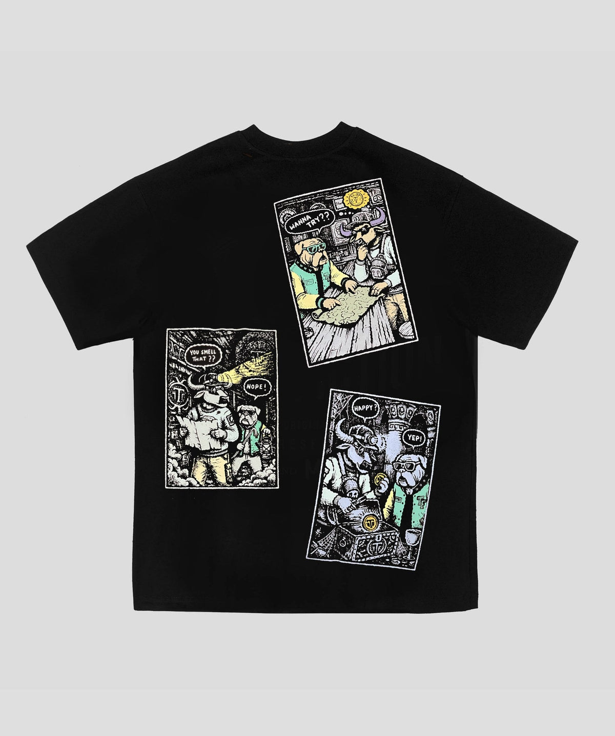 Back of the Moo and Mamboo 2 black t-shirt showing three colour comic panels