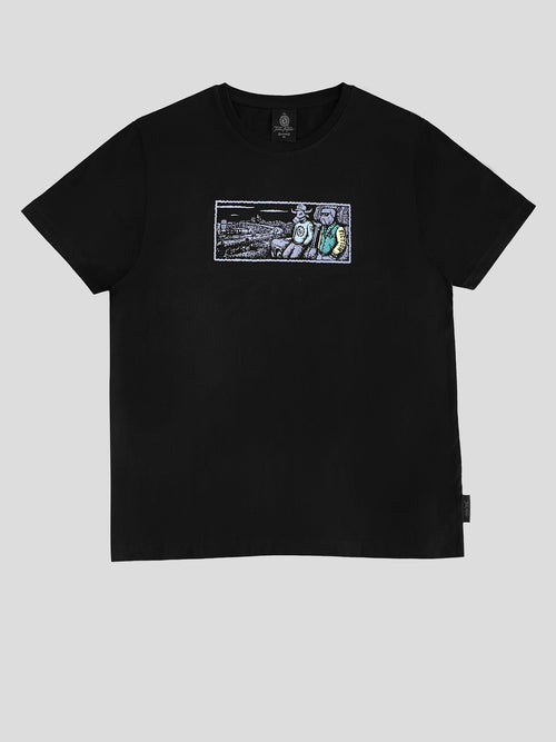 Tribe Fiction Moo and Mamboo 2 black t-shirt, front view with the colour comic panel chest print