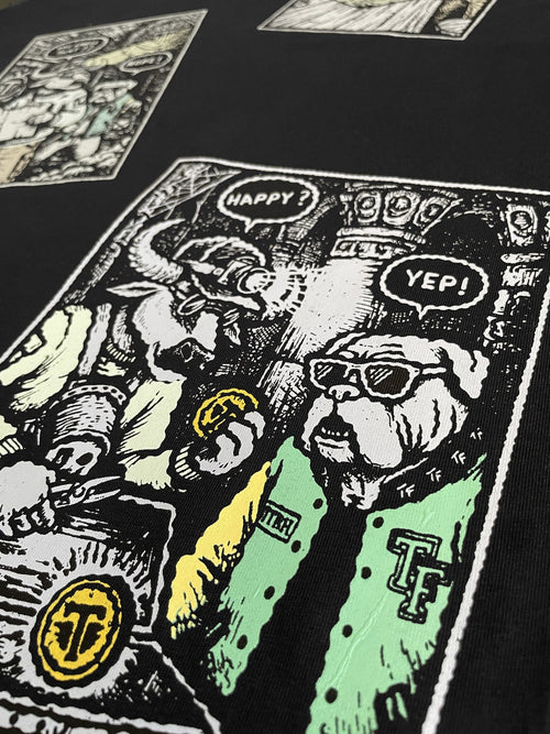 Close-up of the Happy Yep panel from the Moo and Mamboo 2 back print