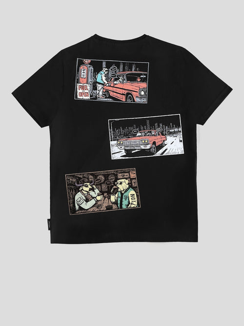 Back of the Moo and Mamboo 3 black t-shirt showing three night drive comic panels