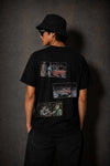 Model wearing the Moo and Mamboo 3 black t-shirt, back view showing the three-panel print