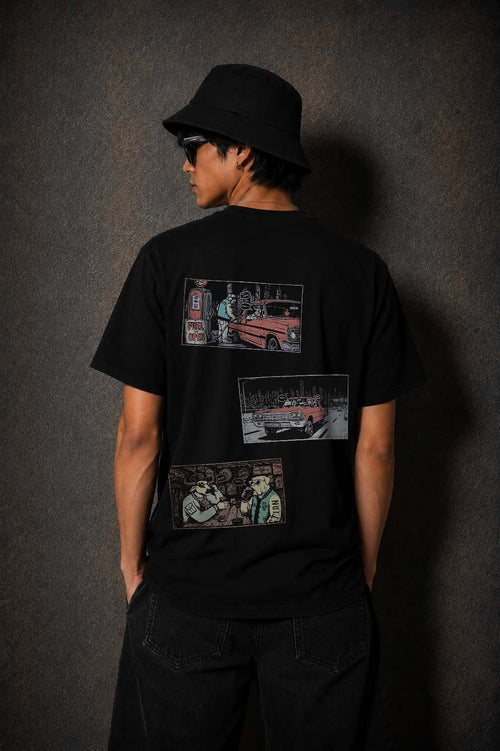Model wearing the Moo and Mamboo 3 black t-shirt, back view showing the three-panel print