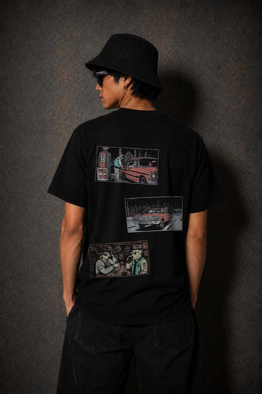 Model wearing the Moo and Mamboo 3 black t-shirt, back view showing the three-panel print