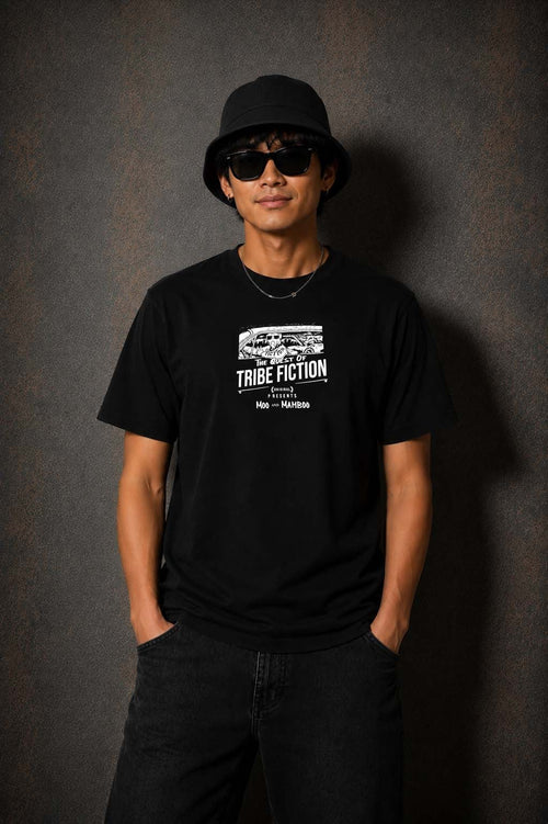 Model wearing the Moo and Mamboo 3 black t-shirt, front view