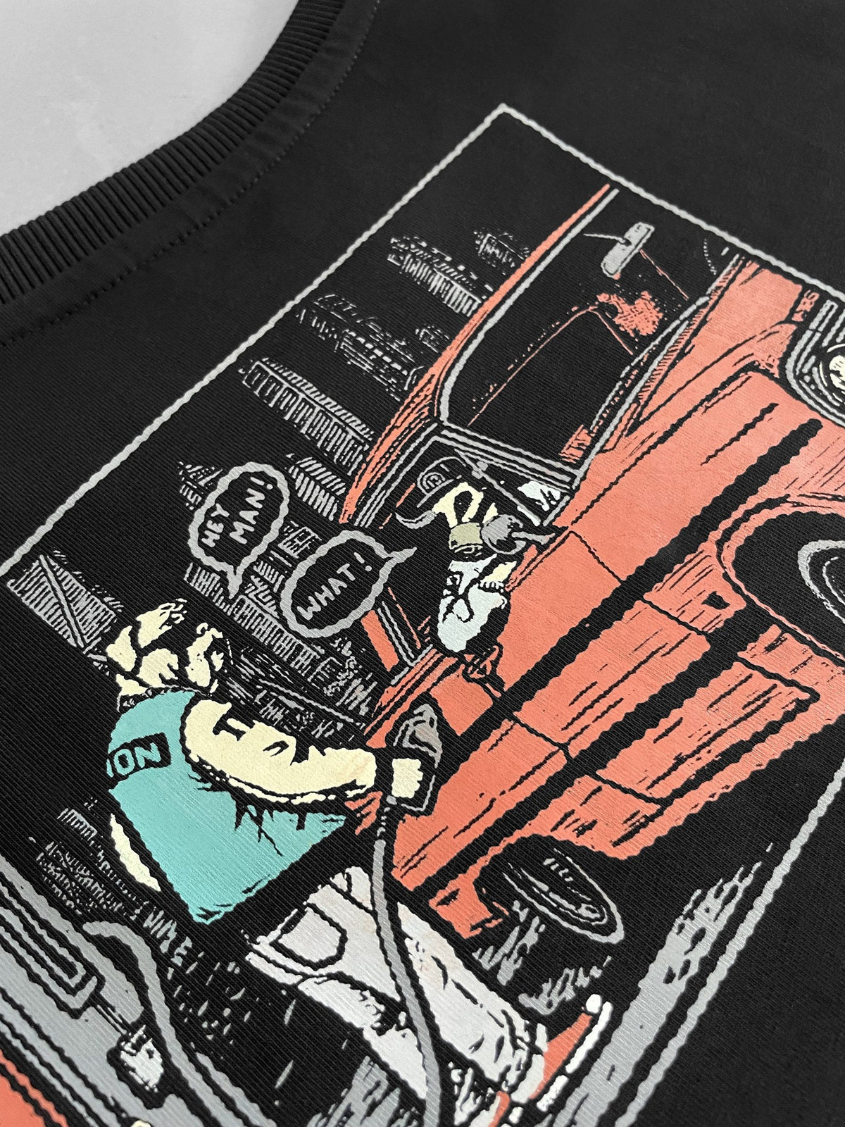 Close-up of the red car panel from the Moo and Mamboo 3 back print