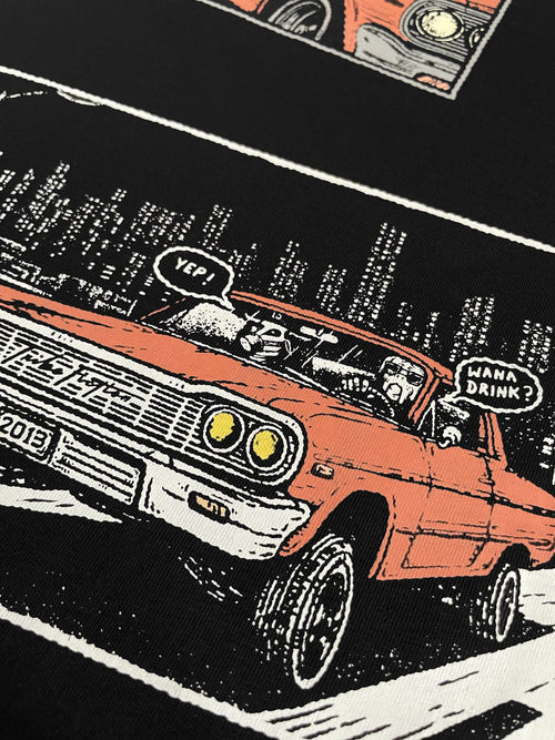 Close-up of the night street panel from the Moo and Mamboo 3 back print